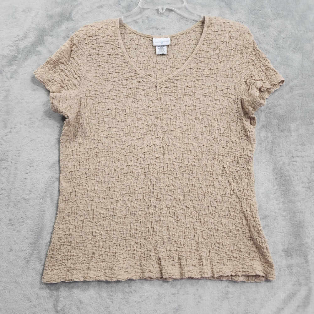 Vintage Jaclyn Smith Top Womens M Beige Textured Crinkle V-Neck Short Sleeve Tee
